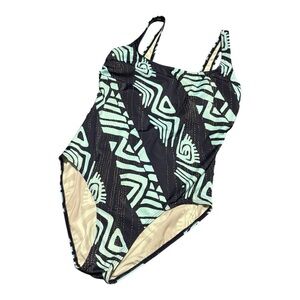 Aztec Tribal Bathing Suit One Piece Size 12 Blue Aqua Polynesian True Vintage